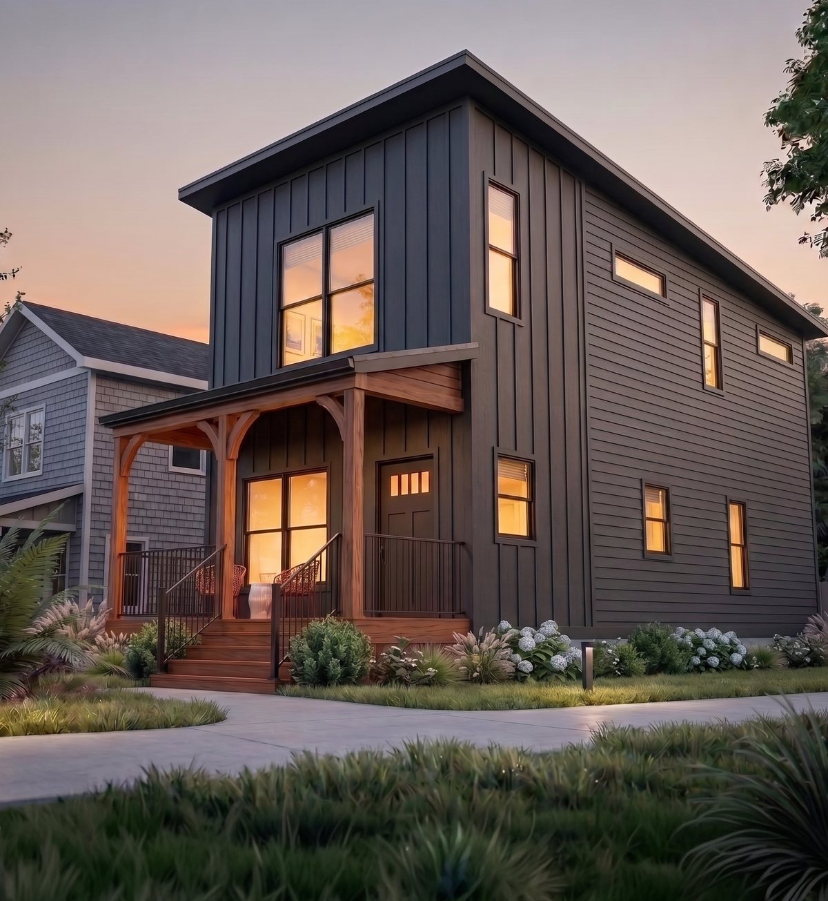 The Detroit Showcase Home at dusk, porch and entry