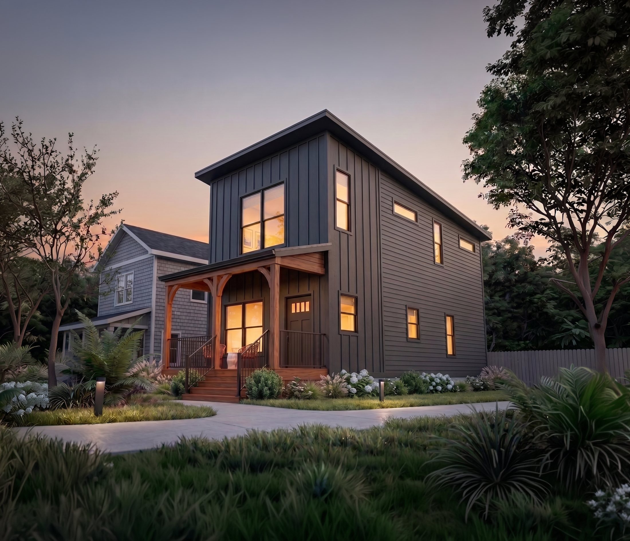 The Detroit Showcase Home, a two-story steel-framed house at dusk