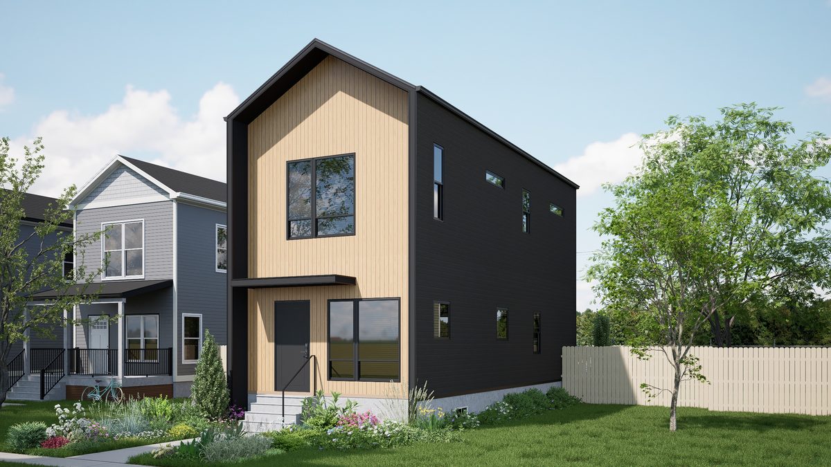 Fuller two-story home in black and natural tones